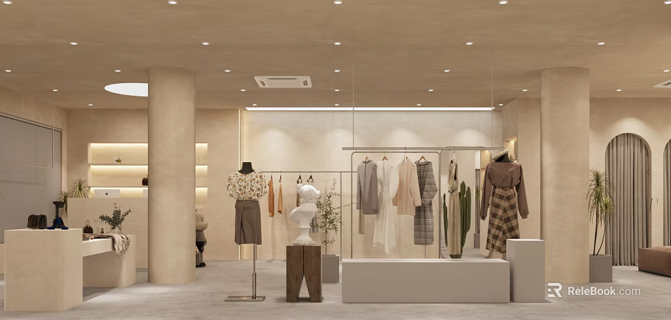 Modern Minimalist Warm Beige Clothing Store Interior Design With Exquisite Display Of Stylish Womens Outfits 3d model 