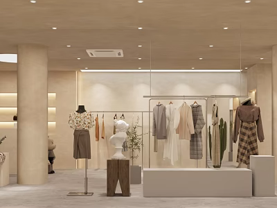 Modern Minimalist Warm Beige Clothing Store Interior Design With Exquisite Display Of Stylish Womens Outfits 3d model
