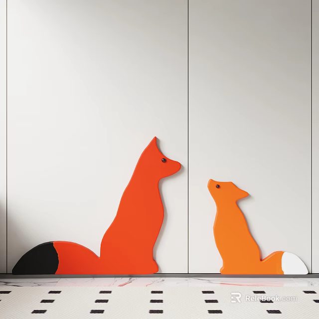 Fox Shaped Wall Decor with Large and Small Orange Red Figures on White Background Wall 3d model 