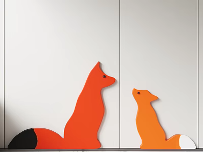 Fox Shaped Wall Decor with Large and Small Orange Red Figures on White Background Wall 3d model