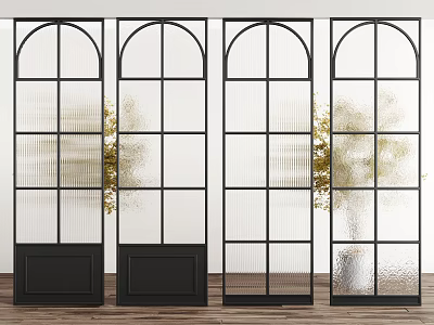Modern Arched Glass Room Divider With Black Metal Grid Frame Design 3d model