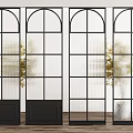 Modern Arched Glass Room Divider With Black Metal Grid Frame Design