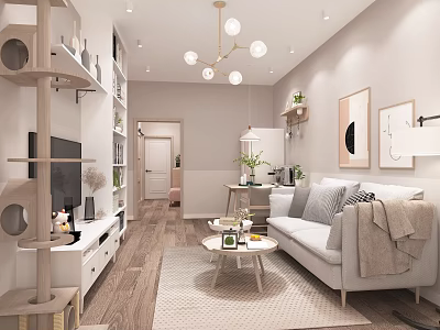 Modern Living And Dining Room Interior With Sofa Coffee Table TV Bookshelf And Chandelier 3d model