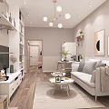 Modern Living And Dining Room Interior With Sofa Coffee Table TV Bookshelf And Chandelier