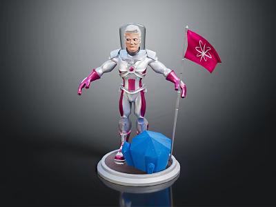 Game Movie Character With Silver Pink Armor Helmet Red Flag White Emblem Blue Polyhedron Base 3d model