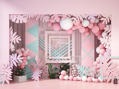 Pink Baby Shower Backdrop With Leaf Decorations Balloons Geometric Patterns And Green Plants 3d model