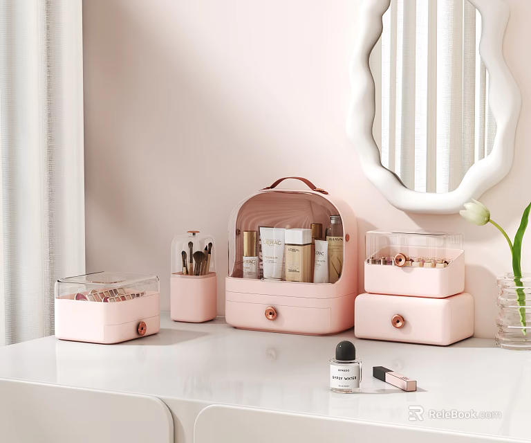 Pink Cosmetic Storage Organizer with Perfume Bottles Makeup Bag and Skincare Products on Vanity Table 3d model 