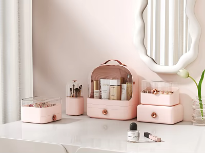 Pink Cosmetic Storage Organizer with Perfume Bottles Makeup Bag and Skincare Products on Vanity Table 3d model