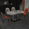 Modern Elegant Dining Table Set with Marble Top Orange Gray Chairs and Wine Storage Design