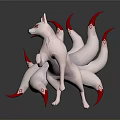 Mythical White Nine Tailed Fox With Red Claws And Tail Tips Fantasy Design