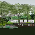 Modern Garden Landscape Wall Design With Trees Lawn Stone Bench And Flowers