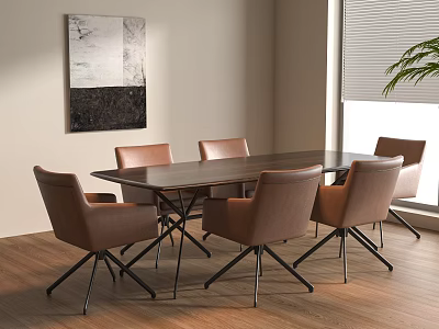Modern Conference Table With Brown Leather Chairs Metal Legs And Abstract Wall Art 3d model