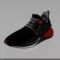 Modern Black Sports Sneakers With Red Texture Details On Sole And Gray Laces