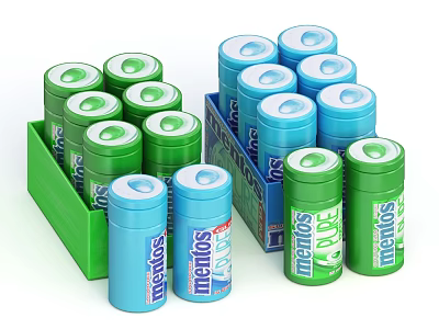 Mentos Assorted Green and Blue Candy Cans with Packaging Boxes 3d model