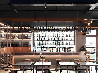 Modern Café Interior With Bar Counter Wine Shelves Tables And Hanging Lights 3d model