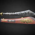 Traditional Weapon with Patterned Blade Red Handle Brown Scabbard Featuring Golden Dragon Patterns Inscriptions 3d model