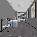 Beauty Treatment Room Interior With Gray Walls Tiled Floor Treatment Bed Equipment Shelf Chair Paintings