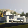 Modern Single Family House With Sleek Concrete Structure And Lush Greenery By Waterfront
