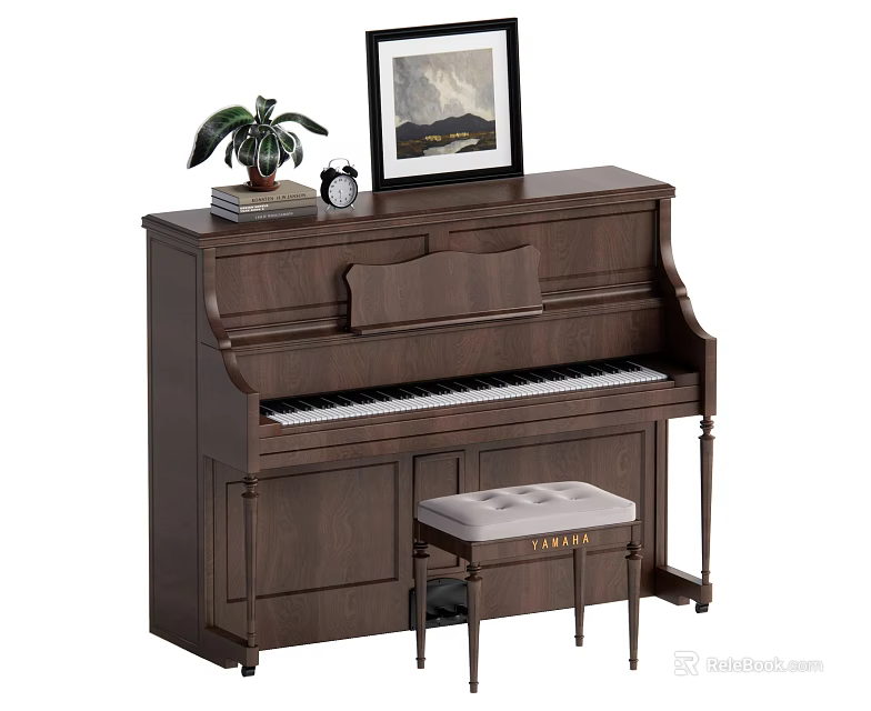 Upright Wooden Piano with Framed Painting Potted Plant Alarm Clock Books and Stool 3d model 