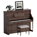 Upright Wooden Piano with Framed Painting Potted Plant Alarm Clock Books and Stool