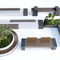Contemporary Modern Landscape Seats Design With Wooden Metal Structure Circular Rectangular Shapes And Green Plants