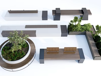 Contemporary Modern Landscape Seats Design With Wooden Metal Structure Circular Rectangular Shapes And Green Plants 3d model