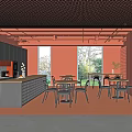 Modern Break Room Interior With Tables Chairs Cabinets Windows And Lighting