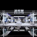 Modern Clothing Store Exhibition Booth With White Metal Frame Mannequins Blue Accents And Reflective Floor