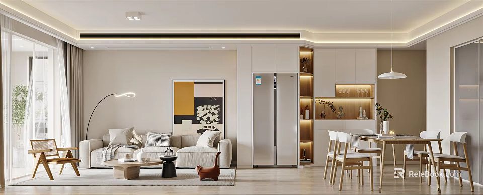 Modern Living Dining Room Interior With Sofa Dining Table And Abstract Wall Art 3d model