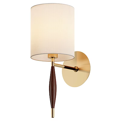 Modern Minimalist Wall Lamp With White Fabric Shade Dark Wooden Pole And Gold Base 3d model