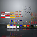 Various Safety Signs Warning Markers Colored Buckets And Construction Tools Collection
