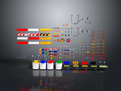 Various Safety Signs Warning Markers Colored Buckets And Construction Tools Collection 3d model
