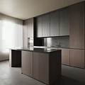 Modern Open Kitchen Interior Featuring Dark Cabinets And Central Island Countertop 3d model