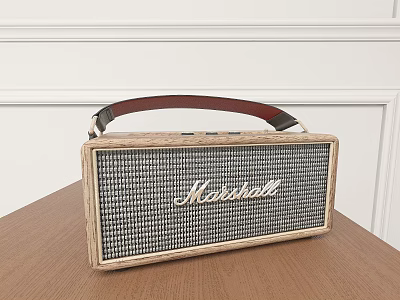 Marshall Portable Speaker With Wooden Frame Leather Handle On Wooden Table White Wall Background 3d model