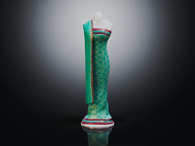 Elegant Green Long Dress With Geometric Pattern On Mannequin And Floor Reflection 3d model