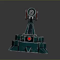 Industrial Mechanical Device Featuring Green Spiked Base And Rotating Metal Arm Components