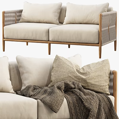 Modern Two Seater Sofa With Beige Upholstery Wooden Frame Decorative Pillows And Cozy Blanket 3d model