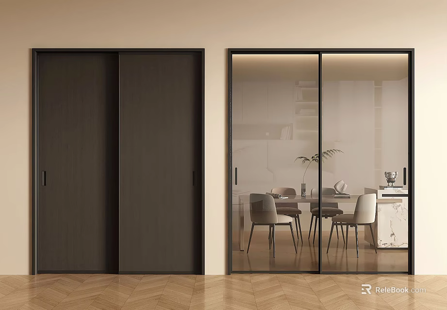 Modern Wooden And Glass Sliding Doors In Interior With Kitchen View And Wooden Floor 3d model 
