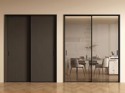 Modern Wooden And Glass Sliding Doors In Interior With Kitchen View And Wooden Floor 3d model