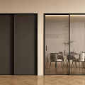 Modern Wooden And Glass Sliding Doors In Interior With Kitchen View And Wooden Floor