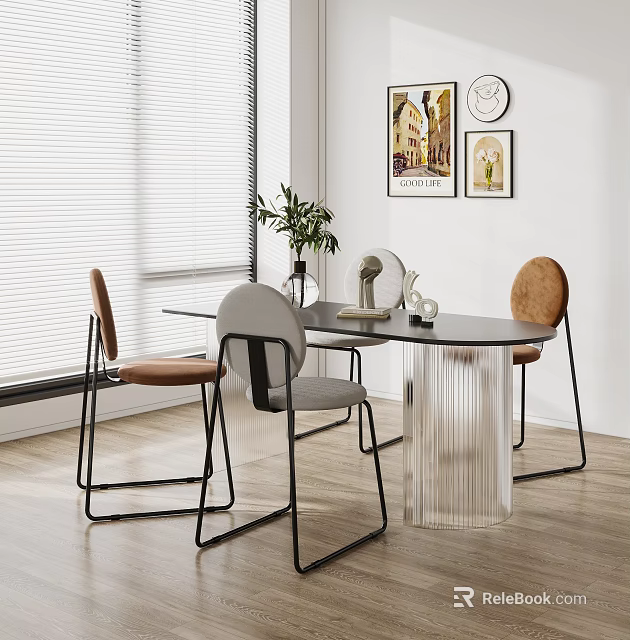 Modern Dining Table Set with Colored Chairs Near Window Decorative Art Wall Clock Green Plant 3d model 