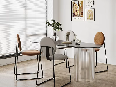 Modern Dining Table Set with Colored Chairs Near Window Decorative Art Wall Clock Green Plant 3d model