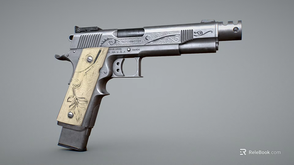 Artistic Detailed Vintage Pistol With Engraved Metallic Body And Golden Grip 3d model 