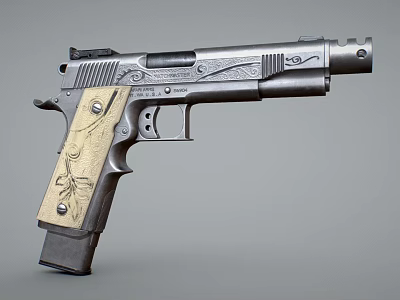 Artistic Detailed Vintage Pistol With Engraved Metallic Body And Golden Grip 3d model