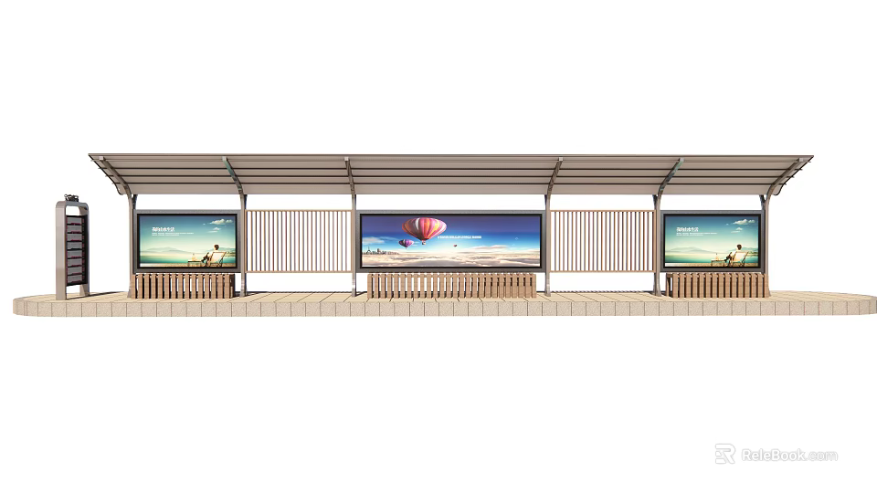 Modern Station Platform With Three Advertising Screens Hot Air Balloon Images And Benches 3d model 