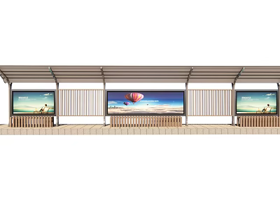 Modern Station Platform With Three Advertising Screens Hot Air Balloon Images And Benches 3d model