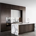 Modern Kitchen Interior With Dark Wood Cabinets And Marble Countertop
