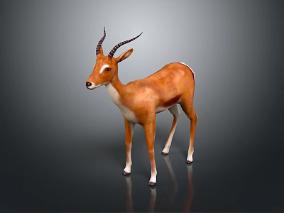 Brown Antelope with Long Curved Horns Standing on Gray Background with Reflection 3d model