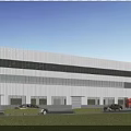Modern Industrial Factory Building With Large Glass Windows White Walls Lawn And People Nearby Vehicles