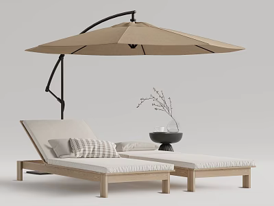 Wooden Frame Lounge Chair With White Cushion Beige Parasol And Decorative Vase 3d model